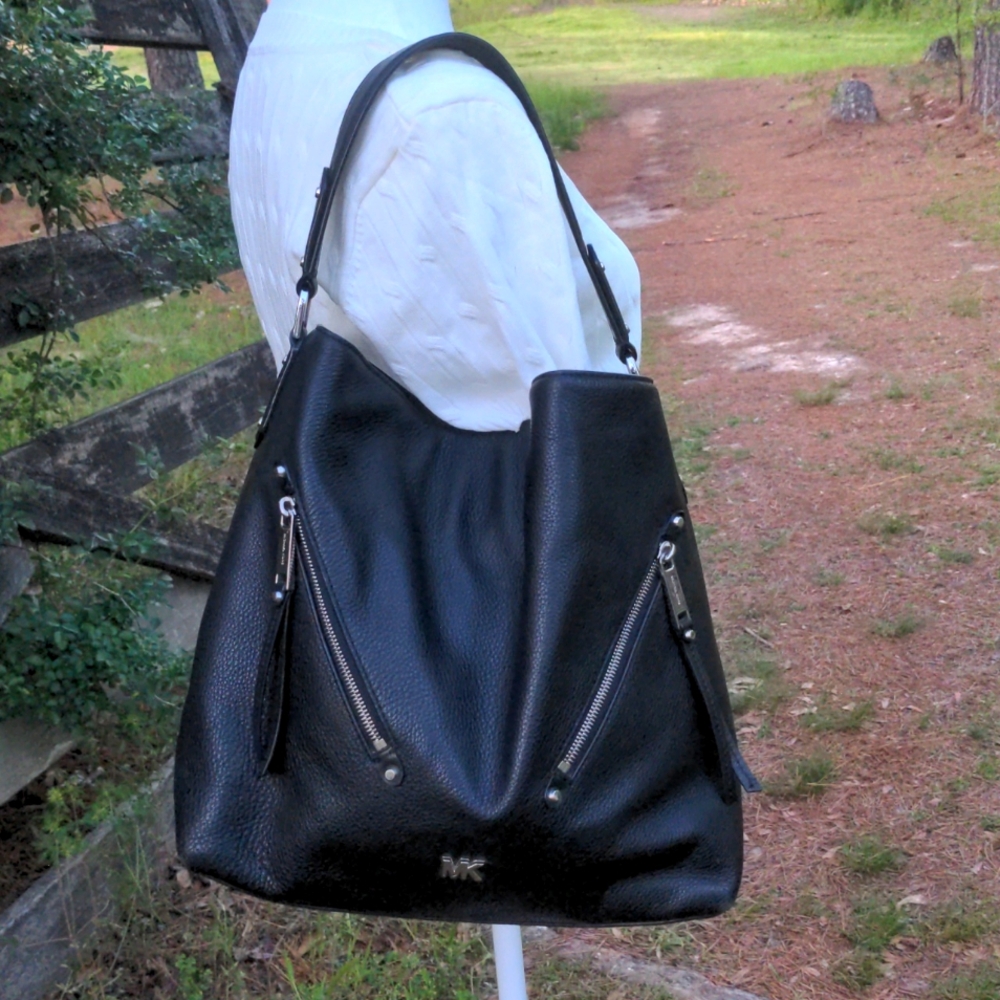 Michael Kors Black Leather Evie Hobo Shoulder Bag Silver Hardware